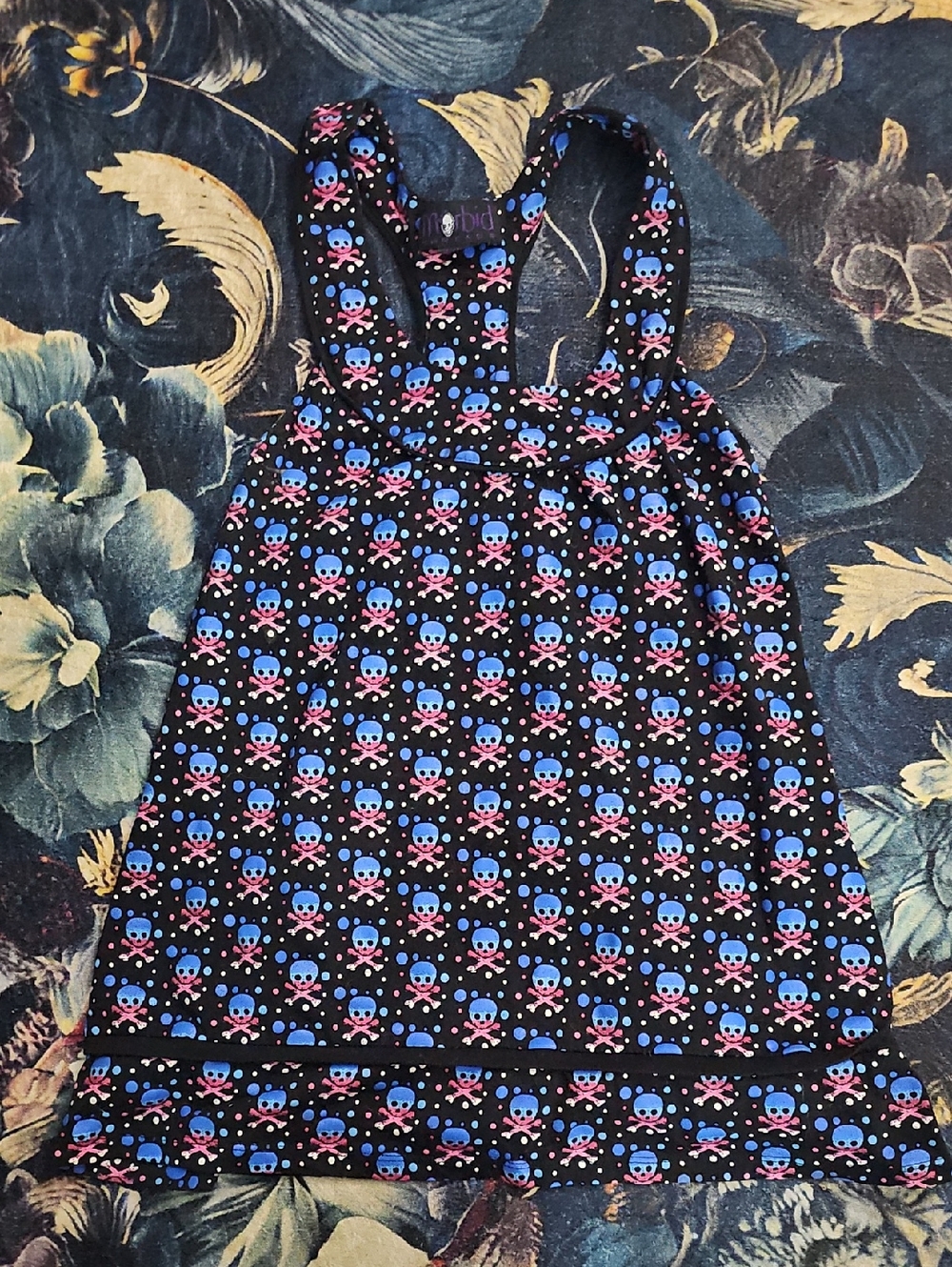 Morbid Threads Black Tank Dress with Blue and Pink Skull Print